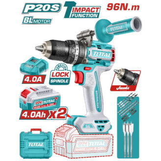 Turquoise cordless drill with battery, charger, bits, and carrying case; Total branding visible in a kit layout