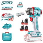 Cordless drill set in turquoise with red accents, accompanied by batteries, charger, bits, and a storage case (Total brand).