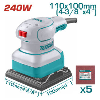 Total 240W orbital sander with teal/gray body and 110x100 mm base; shows five sanding sheets included.