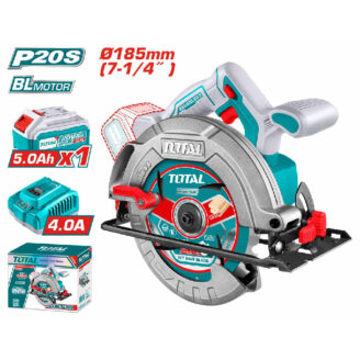 Cordless circular saw with 185 mm blade, Total brand, turquoise accents, shows battery pack and box included