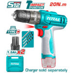 Turquoise cordless drill with bits and battery pack; ad highlights S12, 1.5Ah x2 and charger sold separately text.