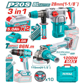 3‑in‑1 20V drill/driver kit with two 5.0Ah batteries, charger, bits, and teal carry case (compact tool set)