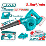 Teal cordless leaf blower with 2.0 Ah battery pack, dual-pack charger, and box shown; features 72 m/s air speed and 2.8 m³/min output text on image.
