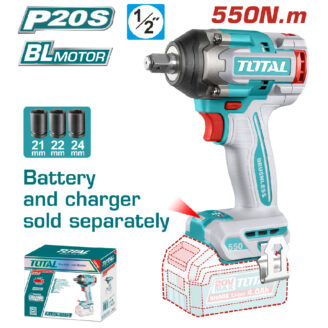 Cordless drill with turquoise body, red trigger, and attached battery; packaging and accessories nearby; text 'Battery and charger sold separately' visible.