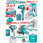 Colorful 3‑in‑1 power tool set with drill, impact grinder, and accessories; includes two 4.0Ah batteries, charger, bits, and teal carrying case.