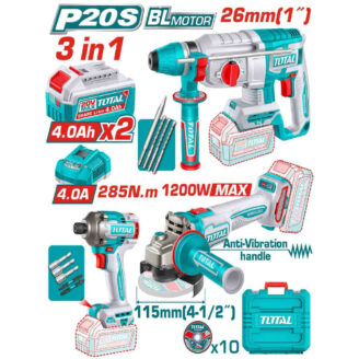 Colorful 3‑in‑1 power tool set with drill, impact grinder, and accessories; includes two 4.0Ah batteries, charger, bits, and teal carrying case.