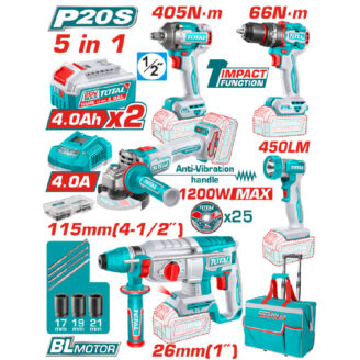 Promotional collage of Total 20V max power tools with batteries, charger, bits, and a carrying bag.