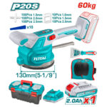Cordless Total sander kit with 130 mm pad, teal body, includes battery, charger, case, and accessories.