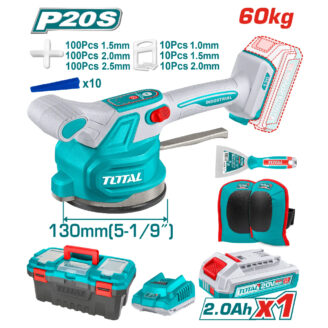 Cordless Total sander kit with 130 mm pad, teal body, includes battery, charger, case, and accessories.
