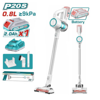 Total 20V cordless stick vacuum with 2.0Ah battery and multiple attachments (charger, brush nozzle) included