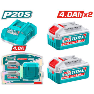 Total P20S battery kit with turquoise 4.0A and 4.0Ah packs, multiple battery images and '20V MAX' branding, on white background