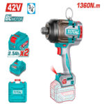 Cordless drill with turquoise body and red trigger, 42V MAX battery attached; Total branding visible on white background.