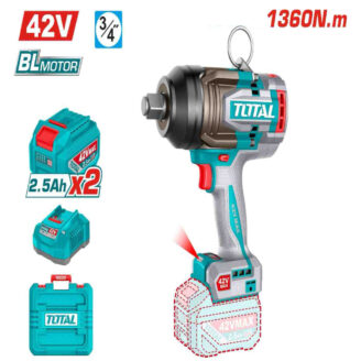 Cordless drill with turquoise body and red trigger, 42V MAX battery attached; Total branding visible on white background.