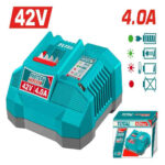 Turquoise 42V battery charger labeled '4.0A' with 'FASTER CHARGE' branding, shown with product box image in background.