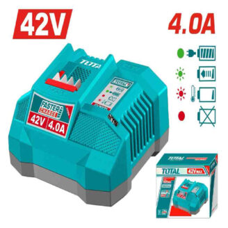 Turquoise 42V battery charger labeled '4.0A' with 'FASTER CHARGE' branding, shown with product box image in background.