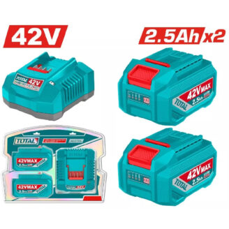Collage of turquoise 42V power tool batteries labeled 42V MAX and 2.5Ah, plus a battery pack and charger kit.