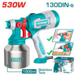 Electric paint sprayer with 1000ml stainless tank, teal and white body, and red adjustment knobs (Total brand)