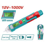 Toy voltage tester with LED screen, turquoise body, red switches, and 12V–1000V label, shown with packaging on the right.