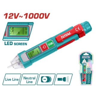Toy voltage tester with LED screen, turquoise body, red switches, and 12V–1000V label, shown with packaging on the right.