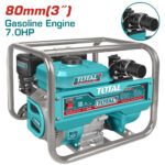 Gasoline-powered water pump in teal frame with TOTAL branding; 7.0 HP, 80 mm (3'') intake; inset shows close-up of the pump nozzle.
