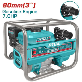 Gasoline-powered water pump in teal frame with TOTAL branding; 7.0 HP, 80 mm (3'') intake; inset shows close-up of the pump nozzle.