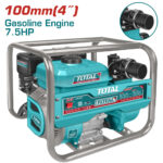 Gasoline-powered water pump with teal engine (7.5HP) mounted in a metal frame with control panel visible on the side.”, “7.5HP gasoline engine water pump, 100mm outlet, teal TOTAL unit with label and handle frame.”, “Industrial petrol-powered water pump on a metal frame; brand TOTAL with red/white labels.”, “Close-up inset of the pump’s intake nozzle, showing the circular teal and black connection.”, “Compact gasoline water pump for outdoor use, teal color, frame-mounted for portability.”