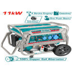 Portable generator with teal body highlighting 11 kW output, 4-stroke gasoline engine, one-push start, and copper coil alternator.
