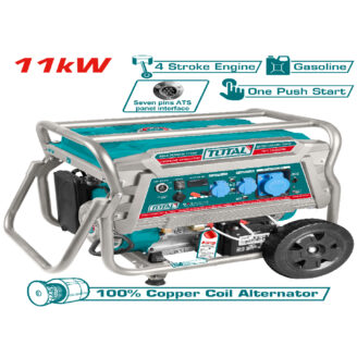 Portable generator with teal body highlighting 11 kW output, 4-stroke gasoline engine, one-push start, and copper coil alternator.