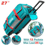 Teal rolling bag with red accents, wheels and extendable handle, advertising 13 pockets and 25 kg max load.