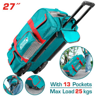 Teal rolling bag with red accents, wheels and extendable handle, advertising 13 pockets and 25 kg max load.