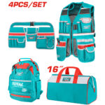 Turquoise 4-piece tool set with multiple pockets, a backpack, and a teal tool bag, all with red accents.