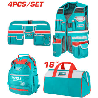 Turquoise 4-piece tool set with multiple pockets, a backpack, and a teal tool bag, all with red accents.