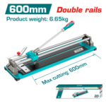Tile cutter with teal base and dual rails, long handle, and measuring scale; indicates max cutting length 600 mm and product weight 6.65 kg.