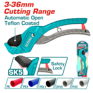 Pipe/cable cutter tool for 3-36 mm tubing with automatic opening and TEFLON coating, shown in teal and gray with safety lock image badge