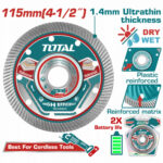 Infographic advertising a Total brand 115 mm cutting wheel with 1.4 mm ultrathin thickness, showing dry/wet use, plastic-reinforced and reinforced-matrix construction, and claims of 2x battery life and best for cordless tools.