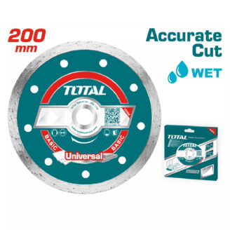 Universal cutting disc by TOTAL Tools, 200 mm, for wet cutting, shown with packaging box on the right.
