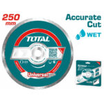 Teal 250 mm Total Universal industrial circular saw blade with 'Accurate Cut' and 'WET' branding; product box shown.