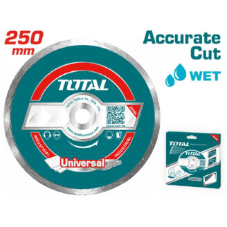 Teal 250 mm Total Universal industrial circular saw blade with 'Accurate Cut' and 'WET' branding; product box shown.