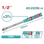 Total torque wrench, 520 mm length, torque range 40–220 N·m, easy to read and adjust