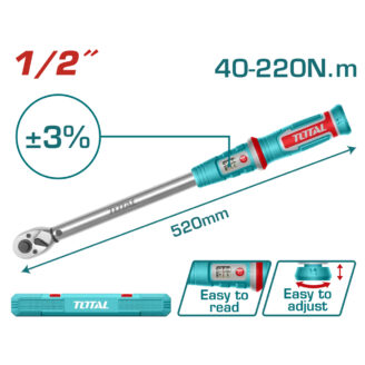 Total torque wrench, 520 mm length, torque range 40–220 N·m, easy to read and adjust