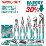 Five-piece Cr-V pliers set with turquoise handles (180–250 mm) and packaging on the left; includes various pliers and a “Energy Saving 30%” graphic in the top right.