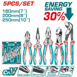 Five-piece Cr-V pliers set with turquoise handles (180–250 mm) and packaging on the left; includes various pliers and a “Energy Saving 30%” graphic in the top right.
