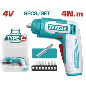 Turquoise cordless drill with accessories including bits, battery case, and bit holder in a plastic case (9-piece set)