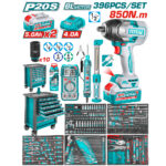 Total 396-piece tool set collage with cordless drill and batteries, tool chest, sockets, screwdrivers, pliers, multimeter, and organized accessory boards.