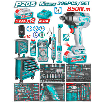 Total 396-piece tool set collage with cordless drill and batteries, tool chest, sockets, screwdrivers, pliers, multimeter, and organized accessory boards.