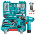 Cordless drill and a full turquoise toolkit in a closed case, showing drill, bits, pliers, and screwdrivers ready for use (Total brand).