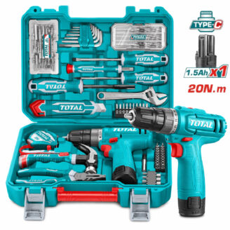 Cordless drill and a full turquoise toolkit in a closed case, showing drill, bits, pliers, and screwdrivers ready for use (Total brand).