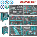 Comprehensive 356-piece teal tool set with sockets, wrenches, screwdrivers, pliers, and a rolling chest on display.