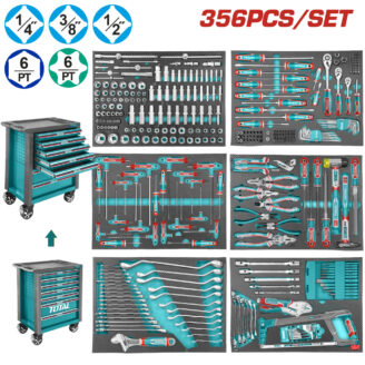 Comprehensive 356-piece teal tool set with sockets, wrenches, screwdrivers, pliers, and a rolling chest on display.