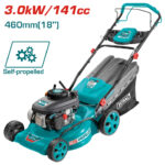 Self-propelled turquoise lawn mower with 18-inch (460 mm) cutting deck, 141cc engine rated at 3.0 kW.